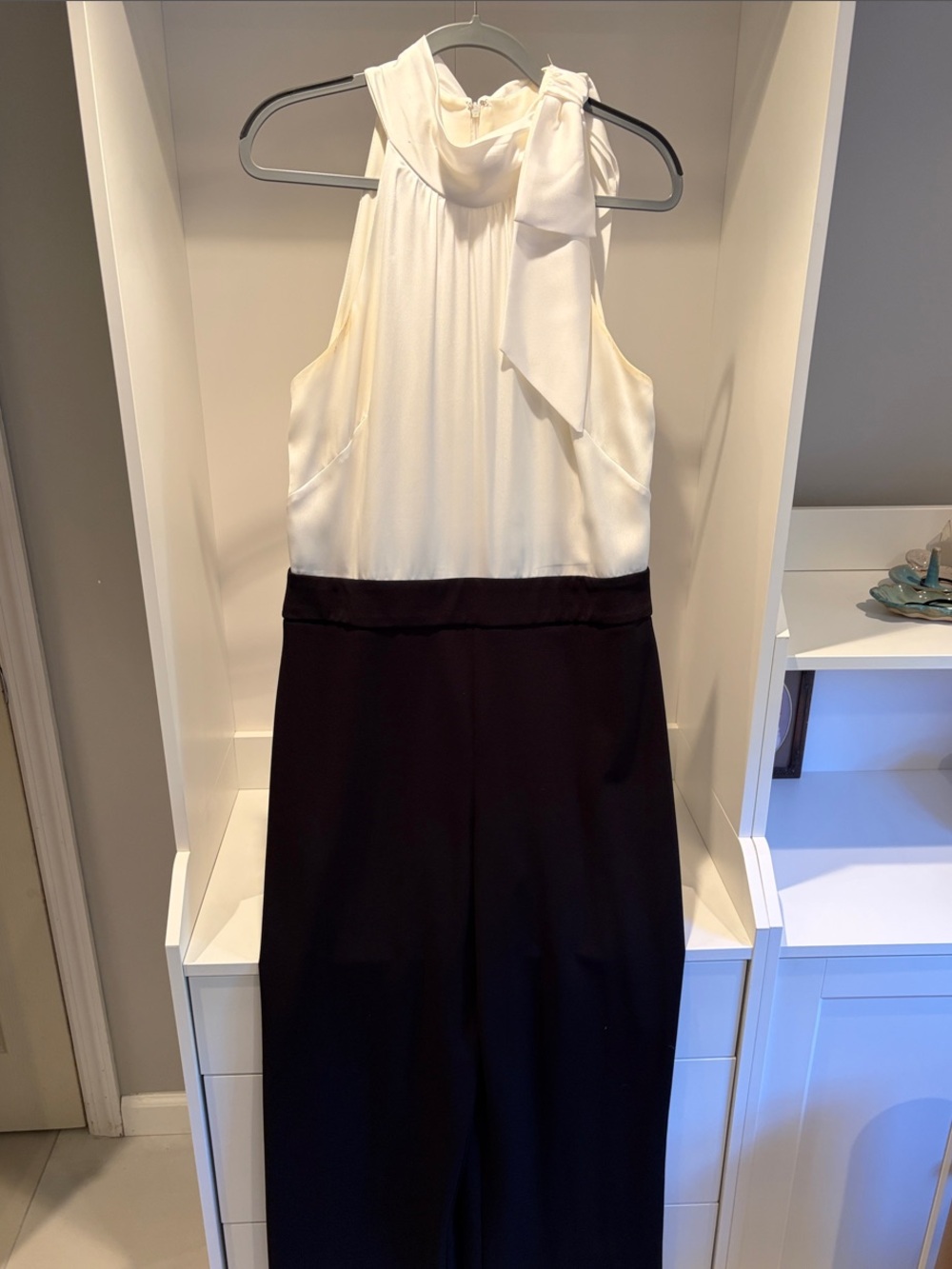 White House Black Market Halter Tie Two-Tone Jumpsuit in White and Black